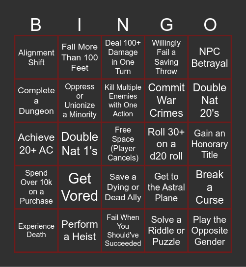 D&D Bingo Card