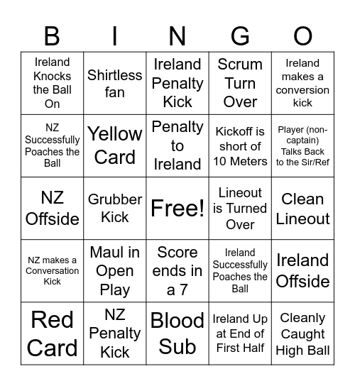 Rugby Bingo: Ireland Vs. New Zealand Bingo Card