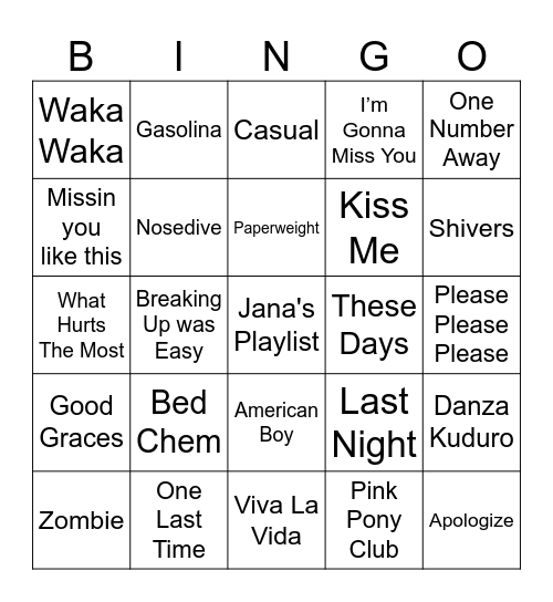 Jana's Play List Bingo Card