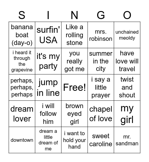 Oldies Singo Bingo Card
