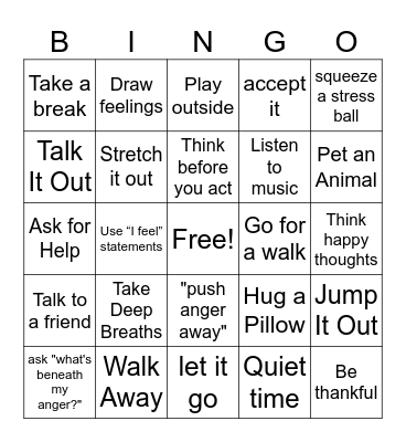 Coping Skills for Anger Bingo Card