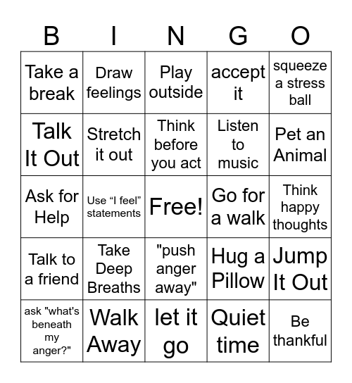 Coping Skills for Anger Bingo Card