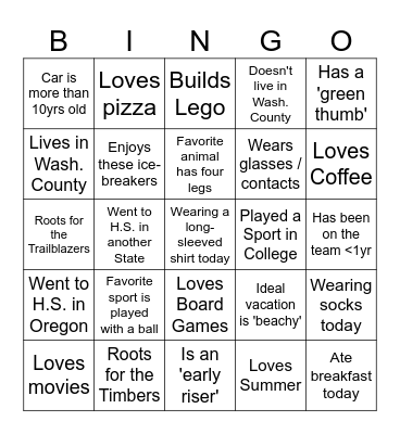 Addictions Team 10/20/25 Bingo Card