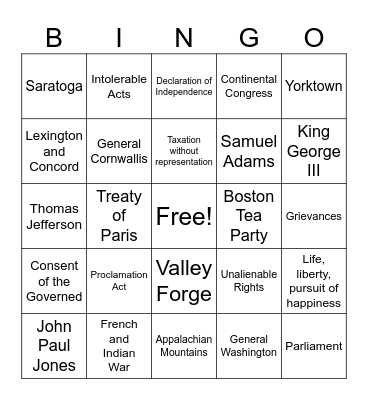 American Revolution Bingo Card