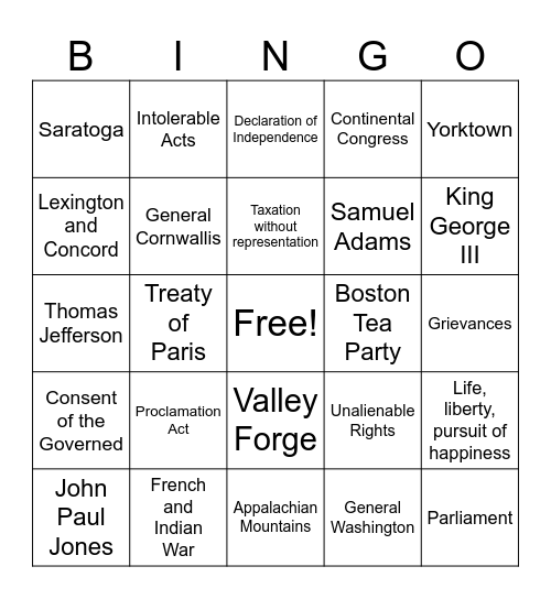 American Revolution Bingo Card