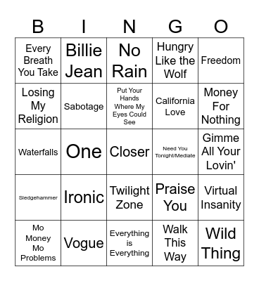 MTV's Top 100 Videos of All Time Bingo Card