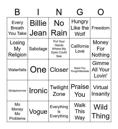 MTV's Top 100 Videos of All Time Bingo Card