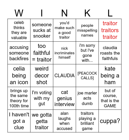 TRAITORS Bingo Card