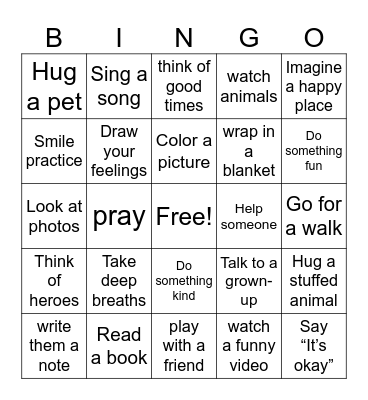 Sadness coping skills Bingo Card