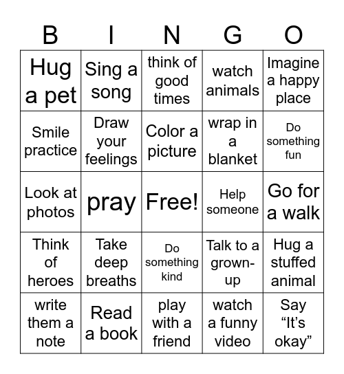 Sadness coping skills Bingo Card