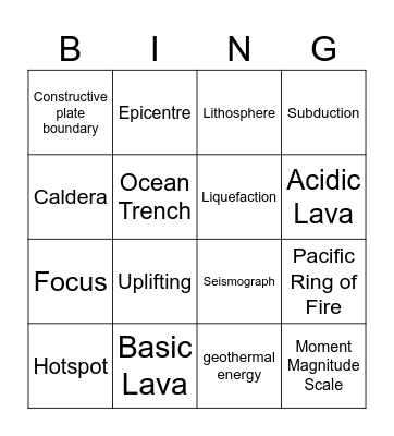 Plate Tectonics Bingo Card