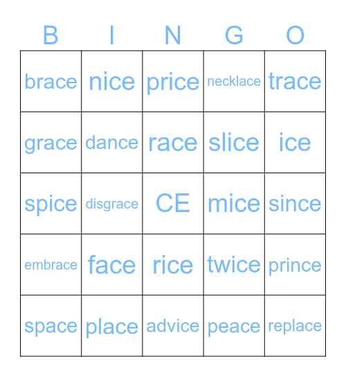 CE as the /S/ Sound Bingo Card
