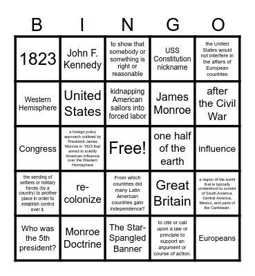 Monroe Doctrine Bingo Card