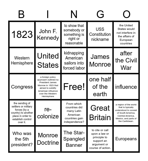 Monroe Doctrine Bingo Card