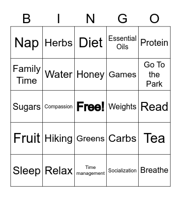 Health and Welness Bingo Card