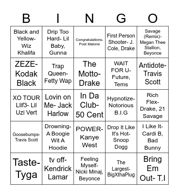 Rap Songs Bingo Card