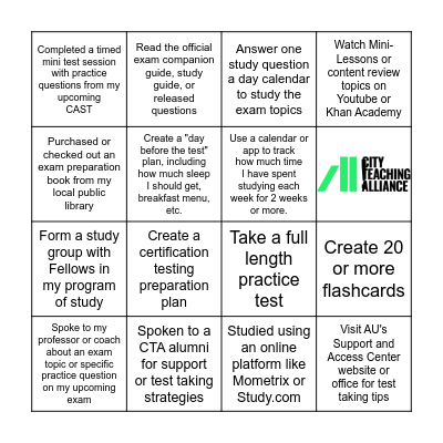 Content Exam Preparation Planning Bingo Card