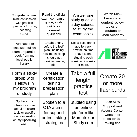Content Exam Preparation Planning Bingo Card