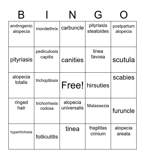 Diseases & Disorders of the hair & scalp Bingo Card