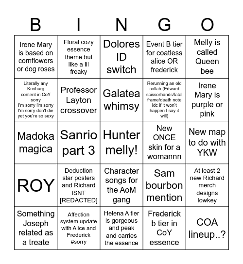 IdV stream Bingo Card