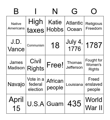 Civics Exam Prep Bingo Card