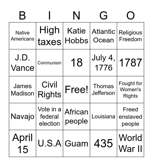 Civics Exam Prep Bingo Card