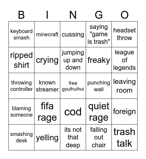 gamer rage Bingo Card