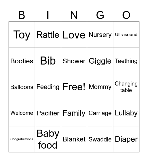 Ruchi's Baby Shower  Bingo Card