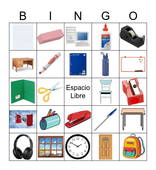 Los útiles escolares y el salón de clase Bingo Card