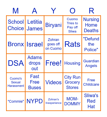 NYC Mayoral Debate Bingo Card