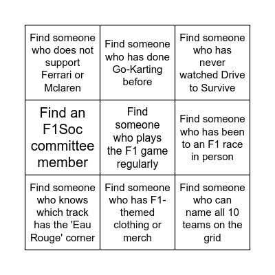 QMBL F1 Society Human Bingo Card