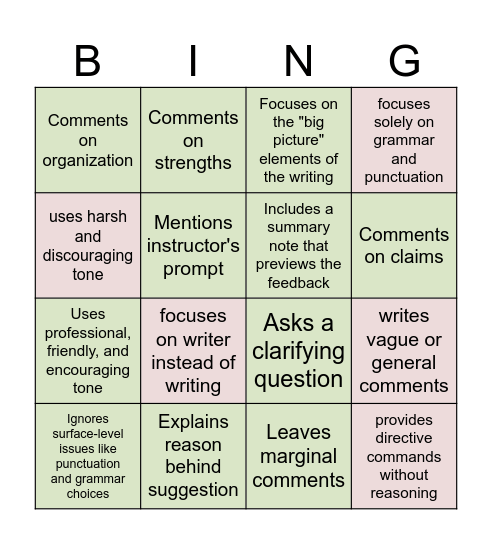 Providing Feedback BINGO Card