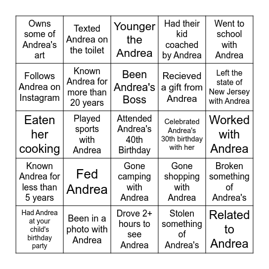 Andrea Bingo Card