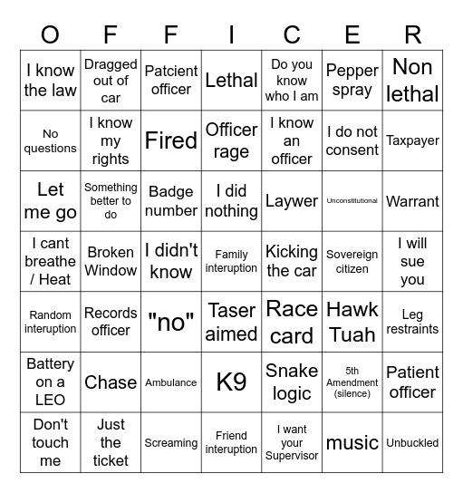 Police Interactions Bingo Card