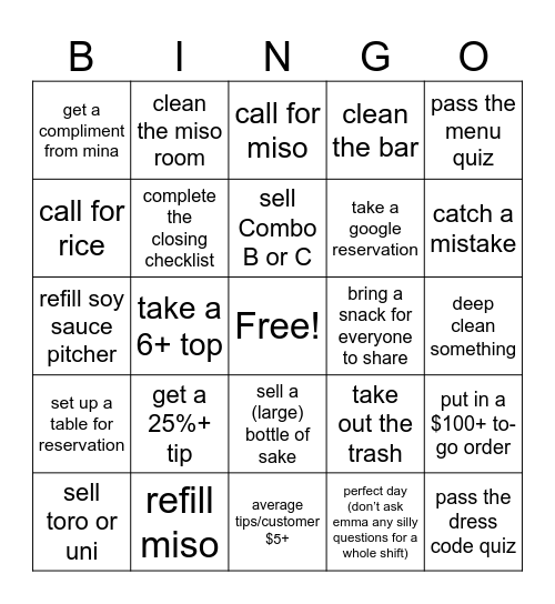 Takumi Server Bingo Card