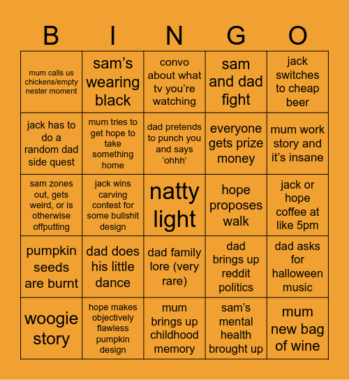 Pumpkin Carving Bingo Card