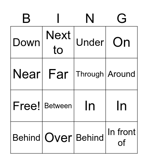 Prepositions of place Bingo Card