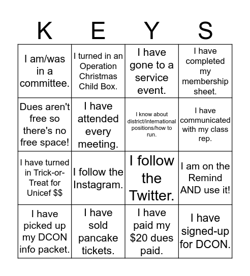 Key Club Sheet Bingo Card