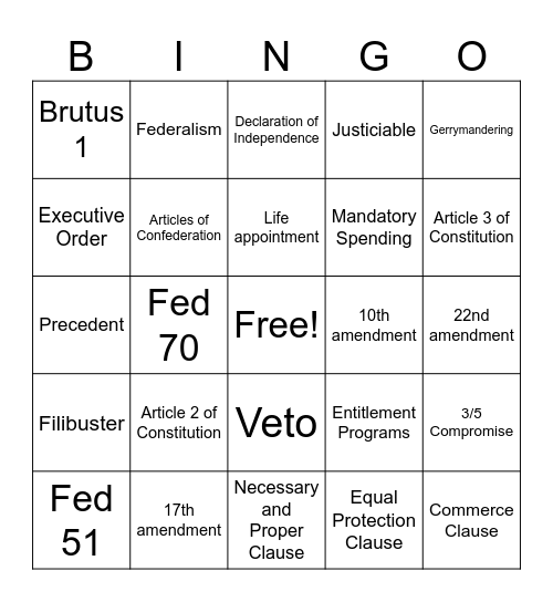 AP GOV Bingo Card