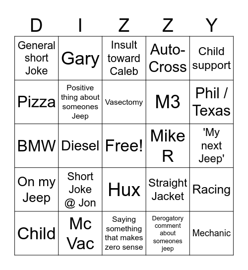 DIZZY Bingo Card