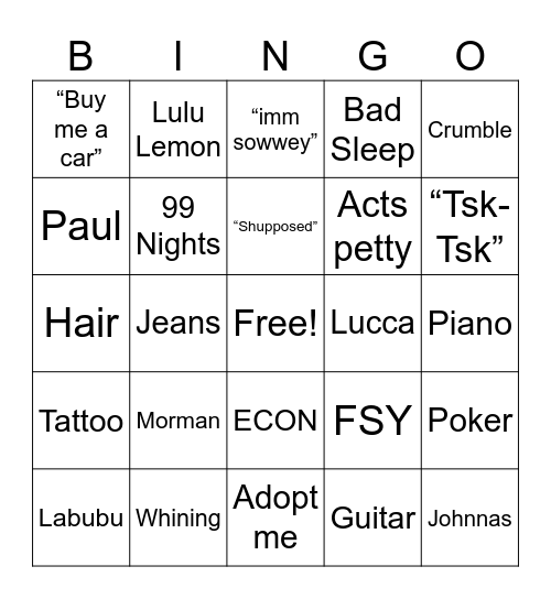 Natalie Bingo Card