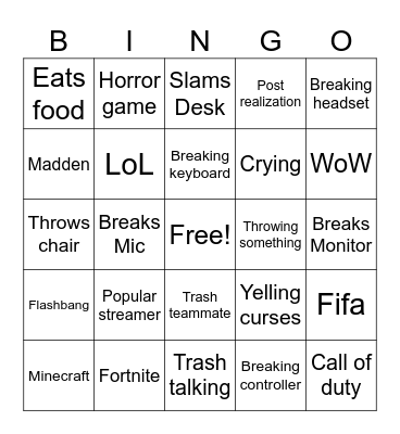 Gamer Rage Bingo Card