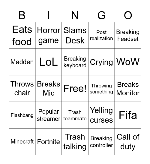 Gamer Rage Bingo Card