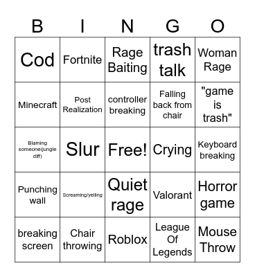 Gamer Rage Bingo Card