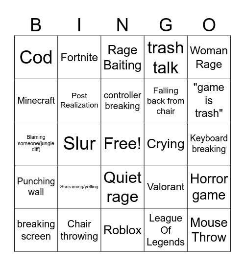 Gamer Rage Bingo Card