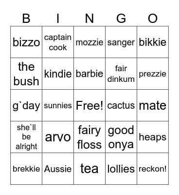 Australian Slang Bingo Card