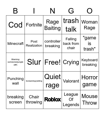 Gamer Rage Bingo Card