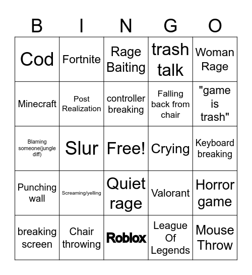 Gamer Rage Bingo Card