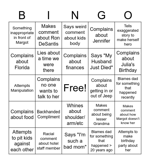 Mom's Bingo Card