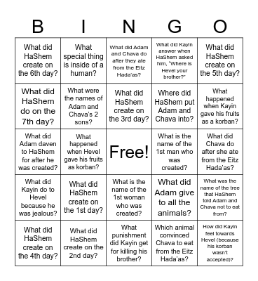 Parshas Bereishis Review - Questions Bingo Card